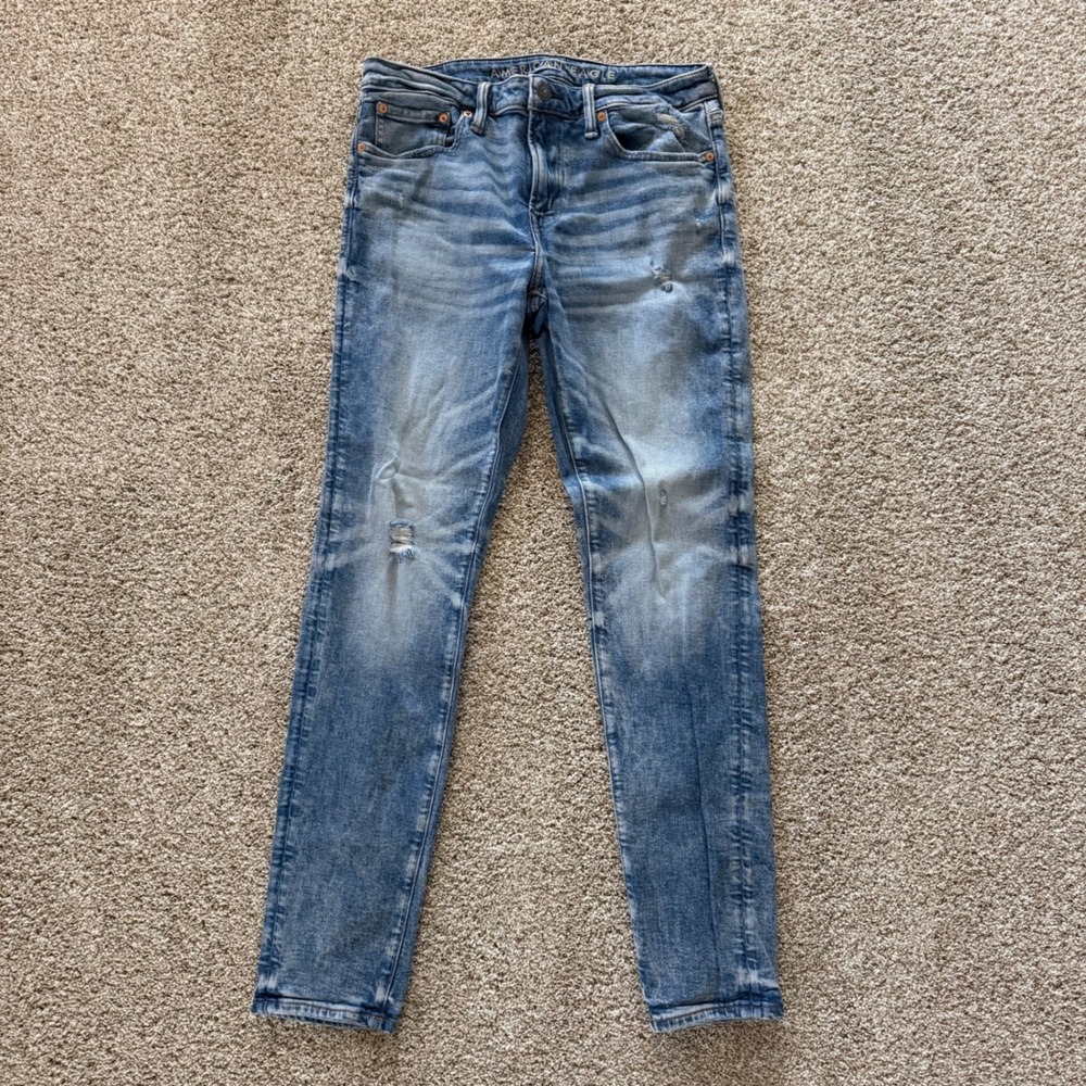 American Eagle Athletic Skinny Airflex+ Mens Blue Distressed Stretch Jeans 31x32